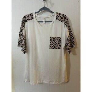 Watermelon Women's L White Leopard Print Raglan Short Sleeve Pocket T-Shirt